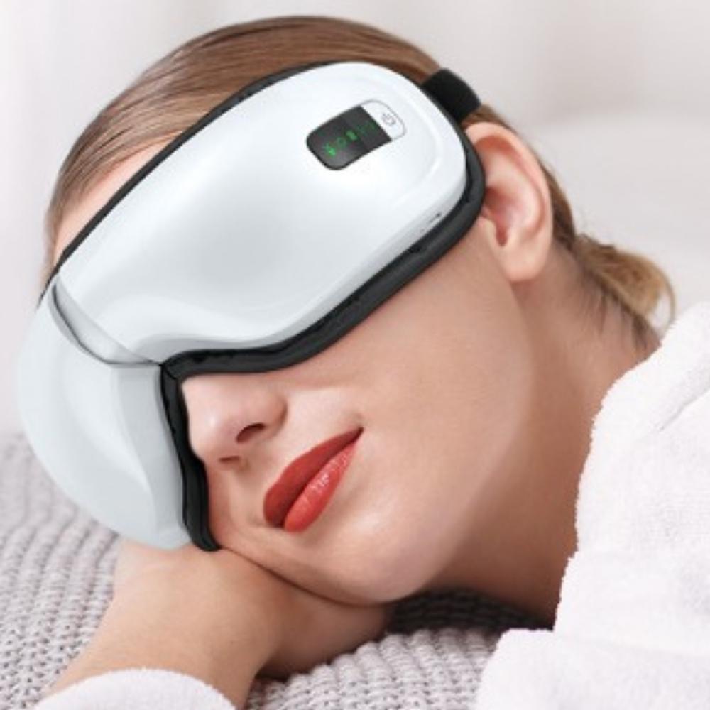 Heated eye massager mask worn with the strap adjusted